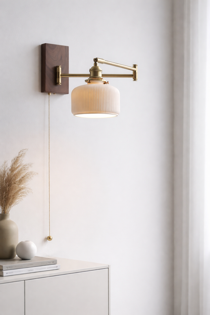 Plug-in Walnut Wood and Ceramic Globe Wall Lamp - Mid-Century Modern Swing Arm Light for Bedside Reading