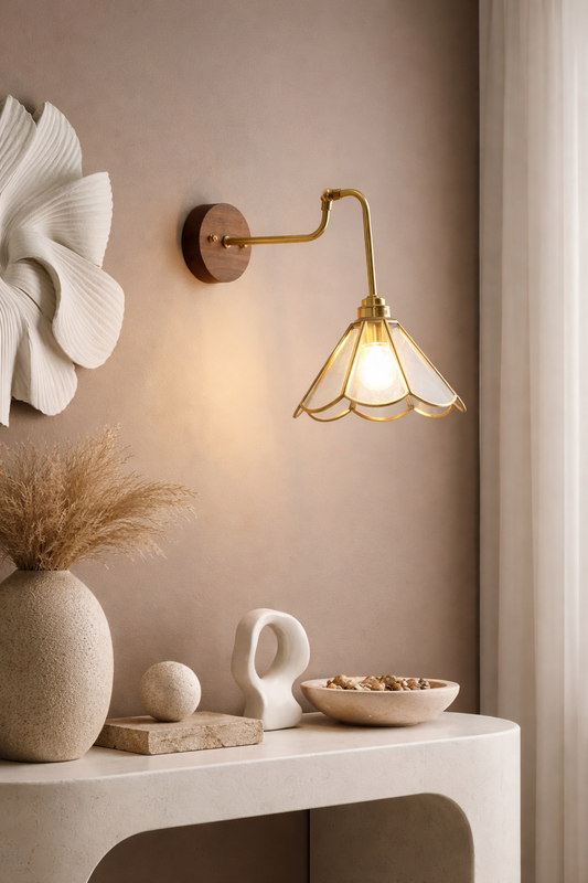 Antique style hardwired brass wall lamp with clear glass shade