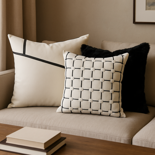 Minimalist Beige Black White Suede Leather throw Pillow Cover
