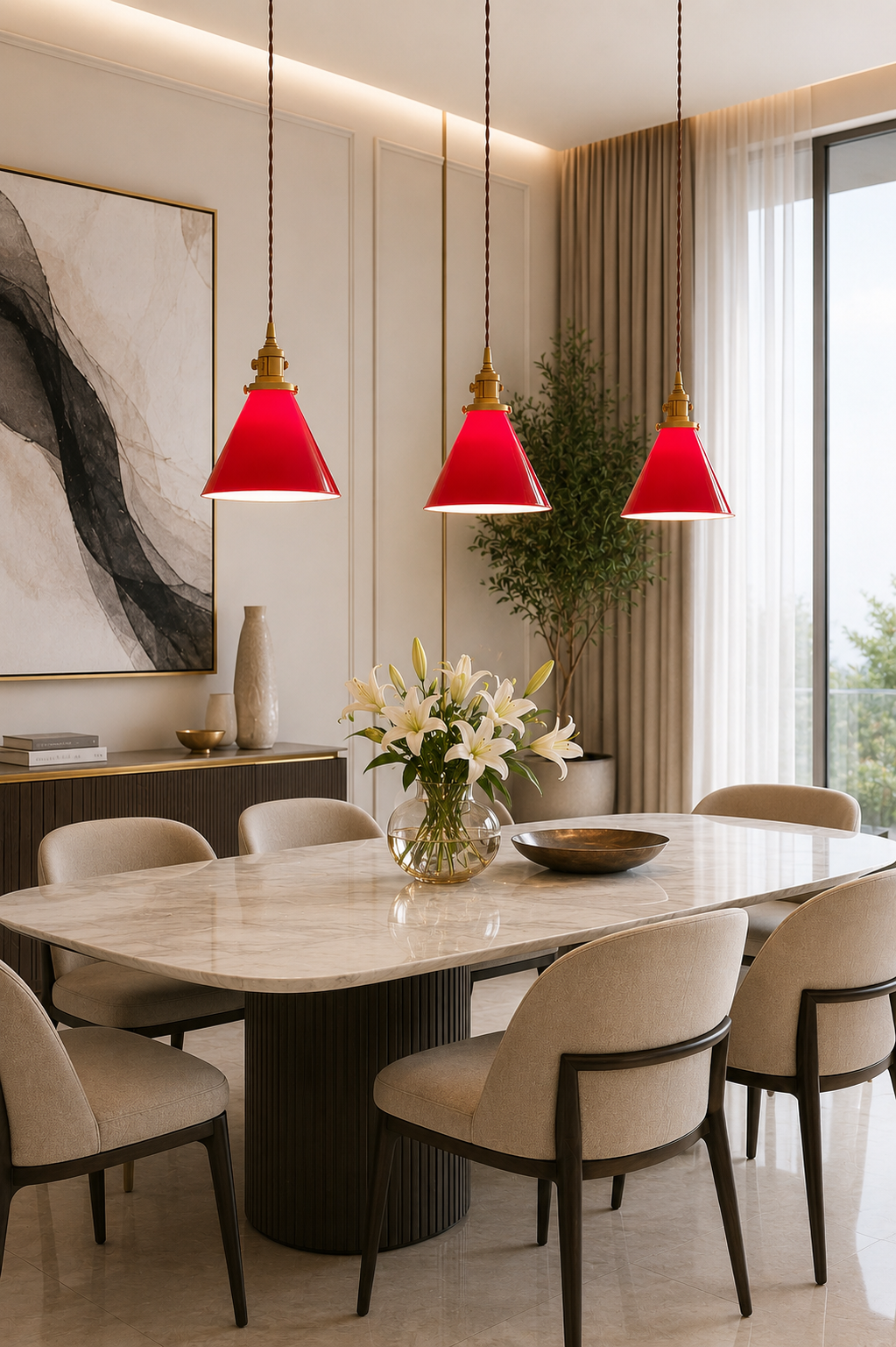 Red Glass pendant lights in cone shape showing on a modern Dining table 
