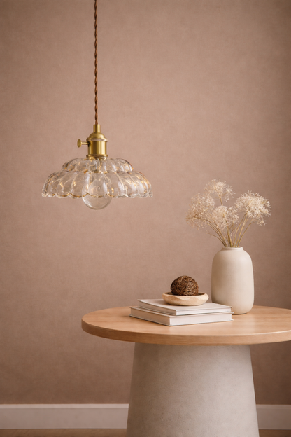 Organic modern lighting, retro-futuristic pendant, brass and glass 