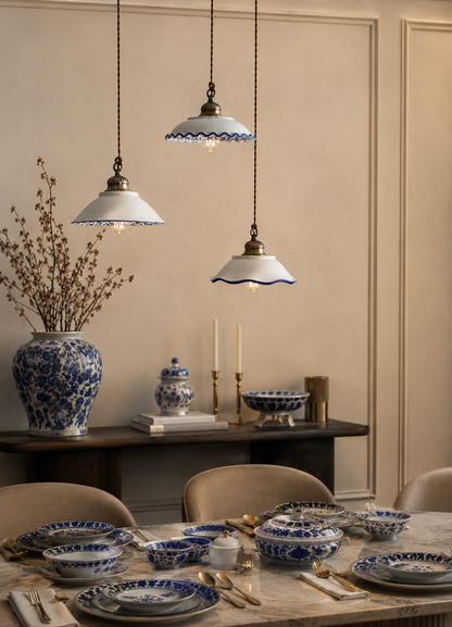 Ash Gray matte finish, hidden blue floral pattern inside, hanging lamp for dining room"