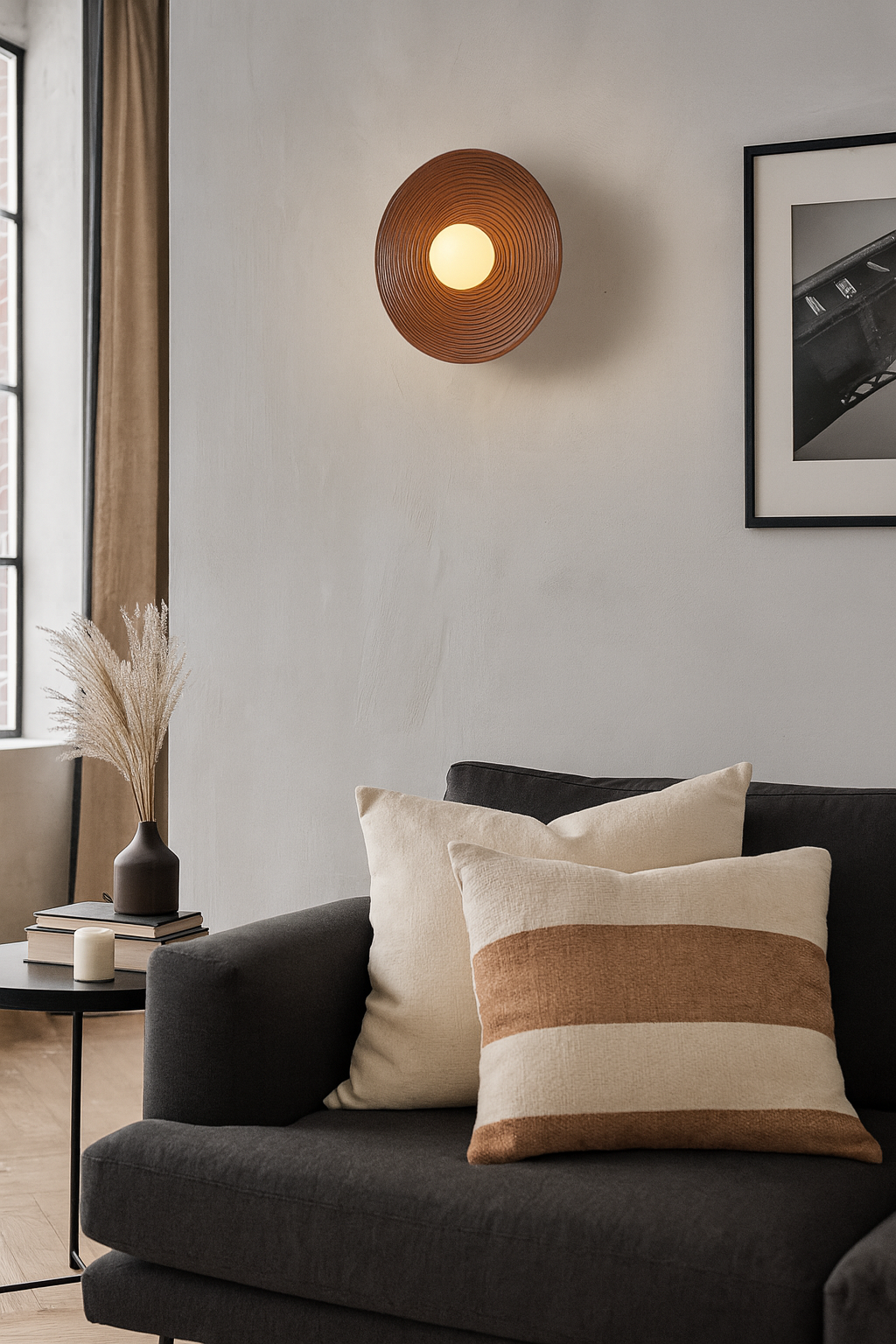 Minimalist round wall-mounted lamp in dark walnut wood finish, organic modern natural lighting fixture