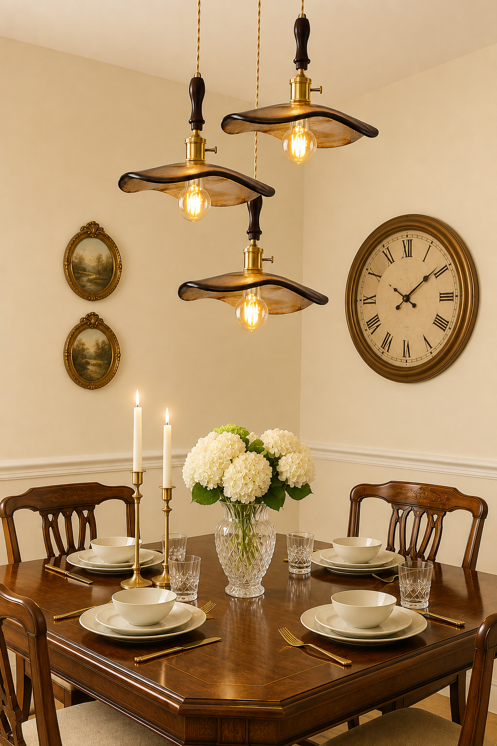 Murano glass pendant lights by Mashal Designs | 3 Brown glass pendant lighting on a Luxury wooden dining table
