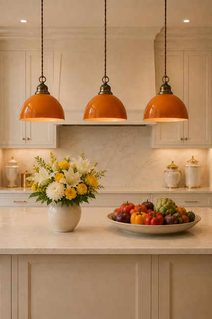 Industrial Mustard Glass / Brass Dome Ceiling Light Fixture