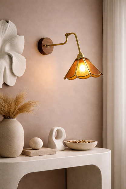 Frosted Layered Glass Flower Wall Light with Brushed Brass Carved Flower Fixture