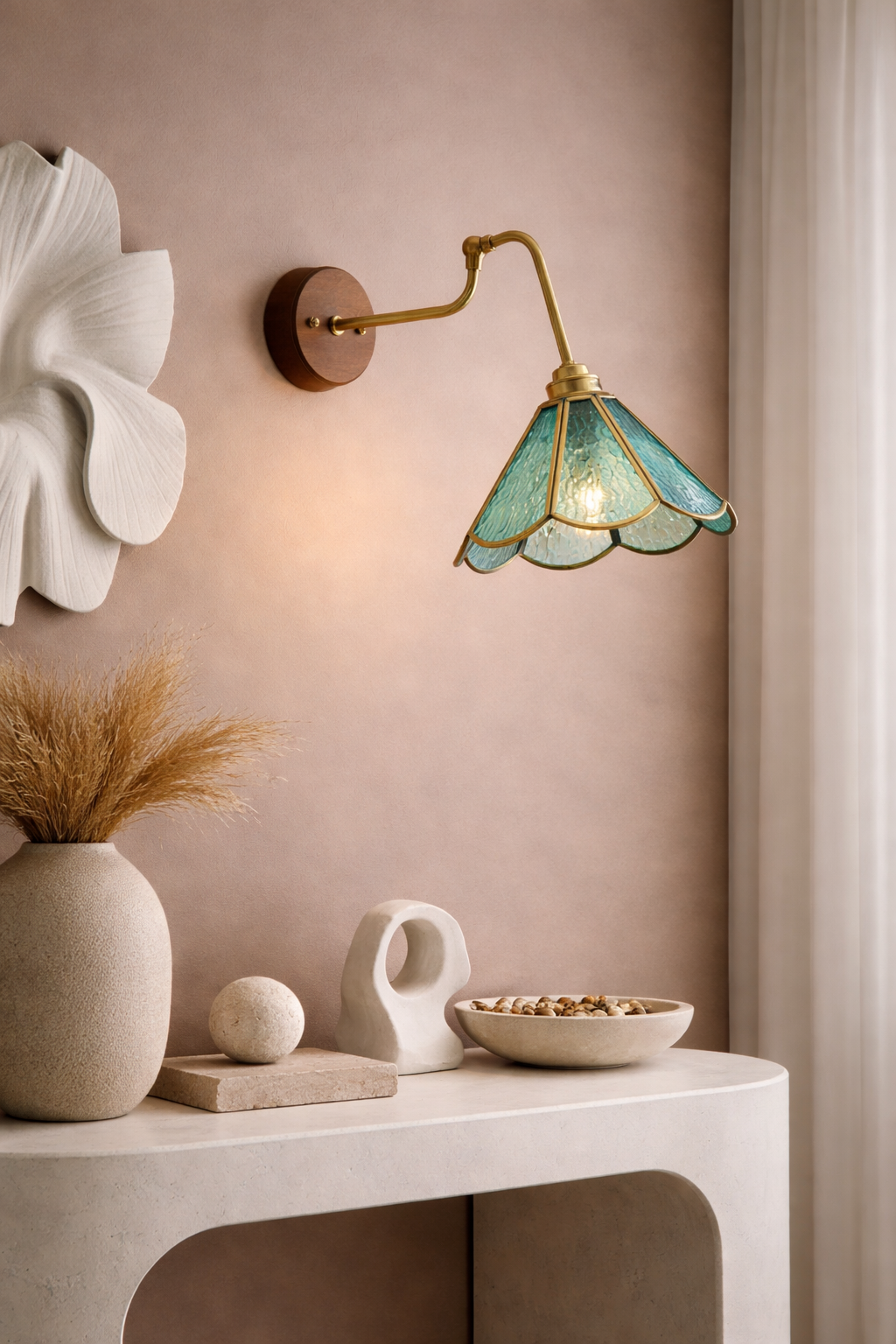 Seeded Glass Lotus Flower Wall Light with Brushed Brass Carved Flower Lamp Fixture 