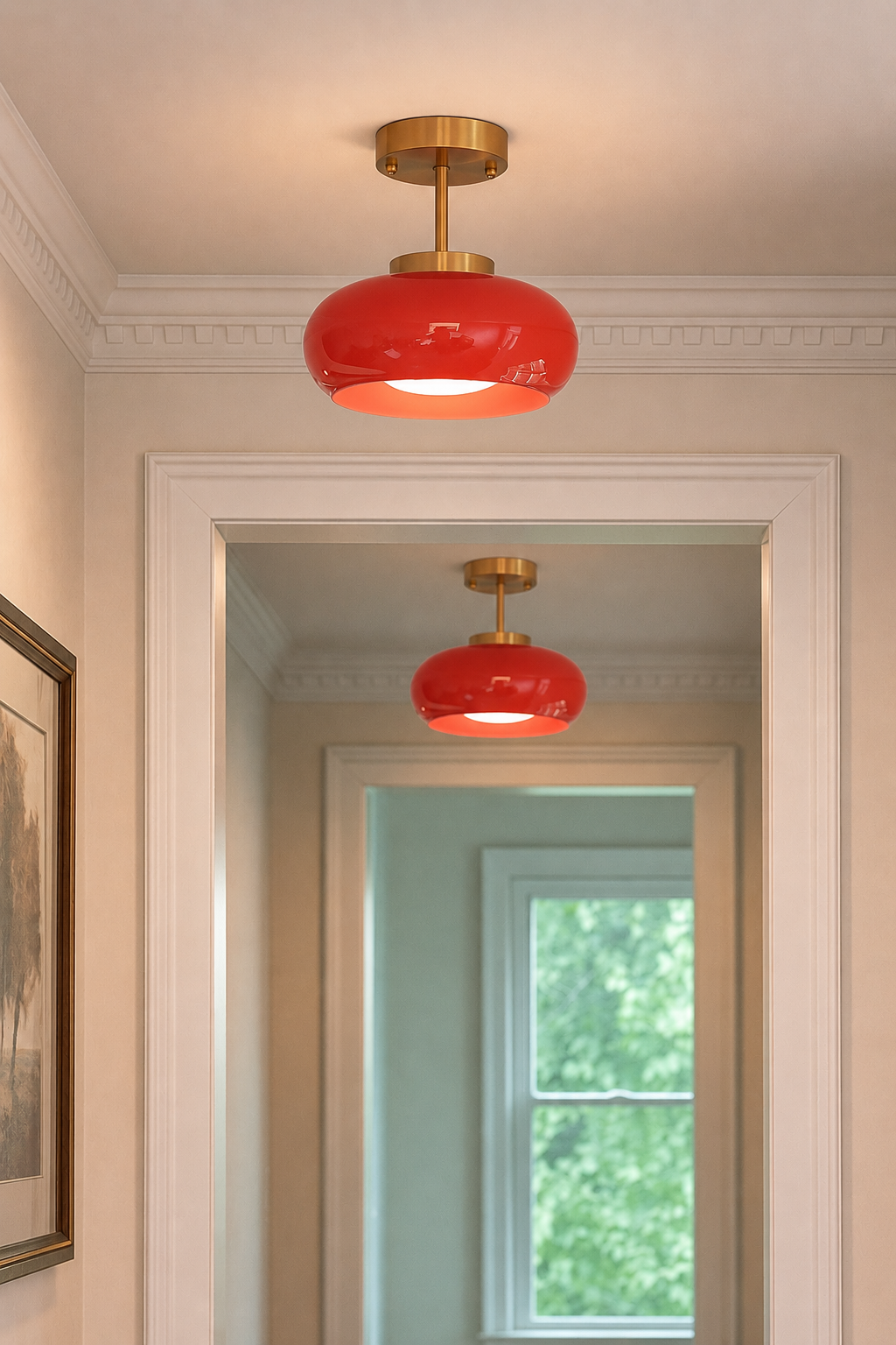 A modern semi-flush mount ceiling light with a glossy red glass shade and a brushed brass fixture, shown installed in a hallway with its reflection visible in the mirror.