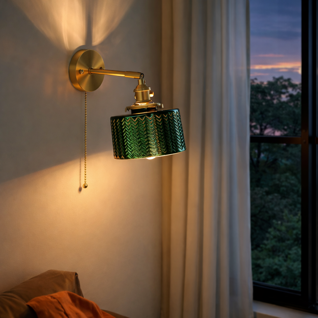 Stunning, art deco style hardwired wall light, featuring a unique, richly textured green glass shade.