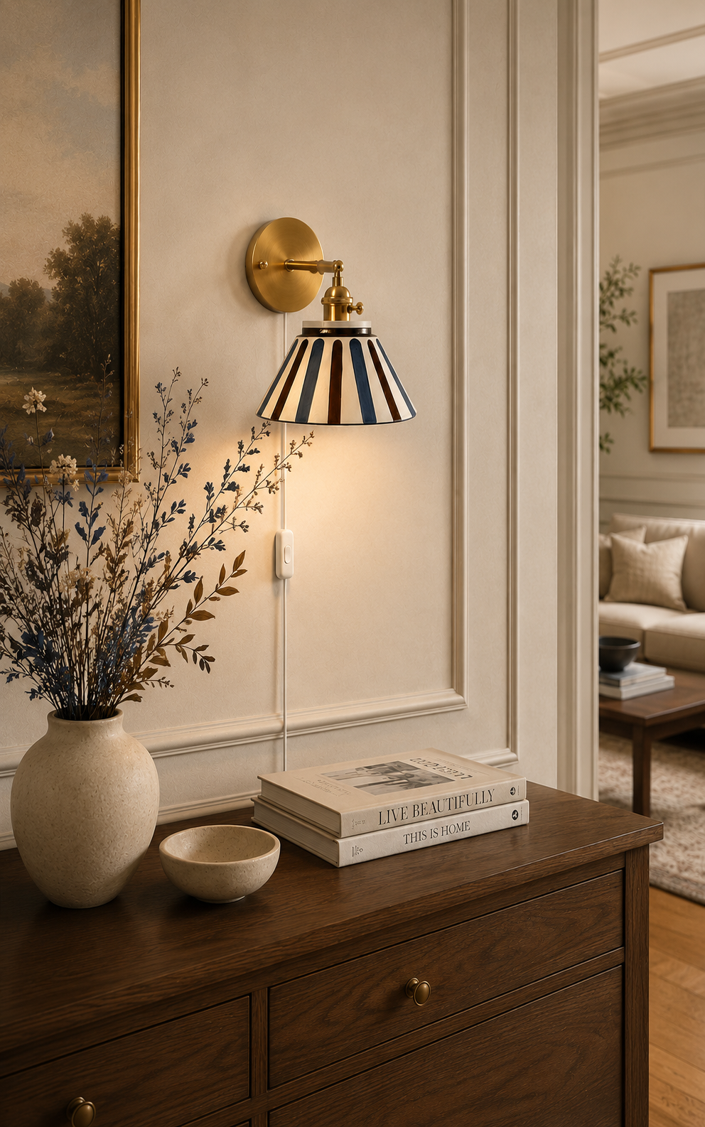 Hand Painted Ceramic Bedside Wall Lamp - Art Deco Brass Sconce