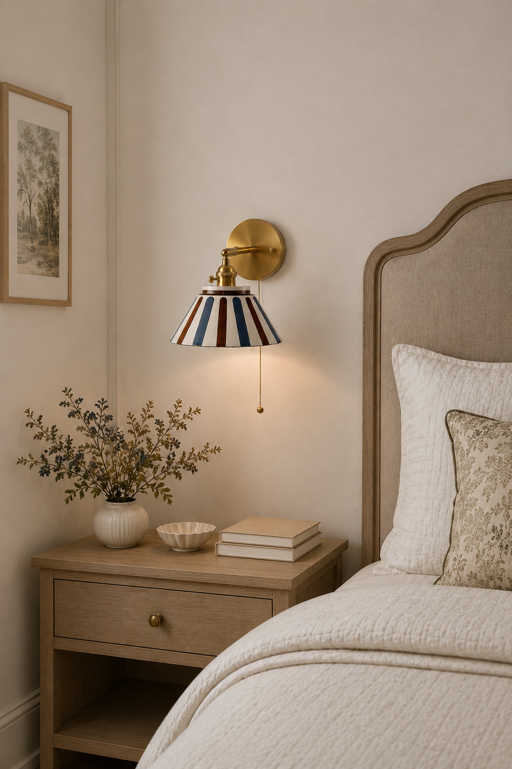 Hand Painted Ceramic Bedside Wall Lamp - Art Deco Brass Sconce