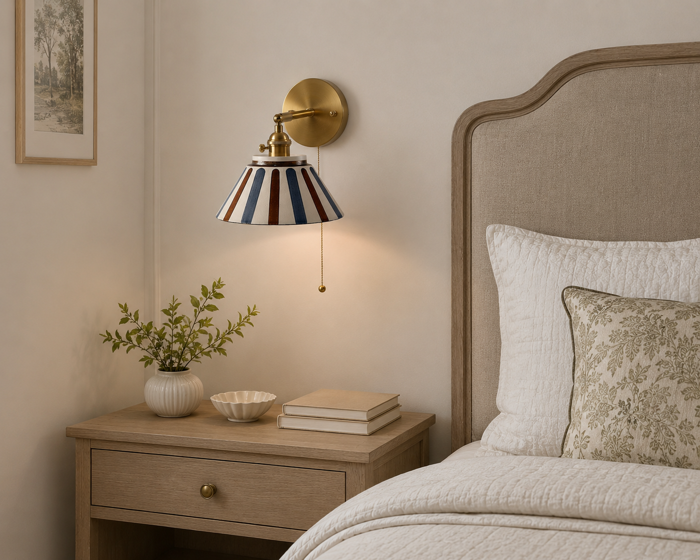 Glazed Stripped Ceramic Bedside lamp| Retro/vintage Brass wall sconce