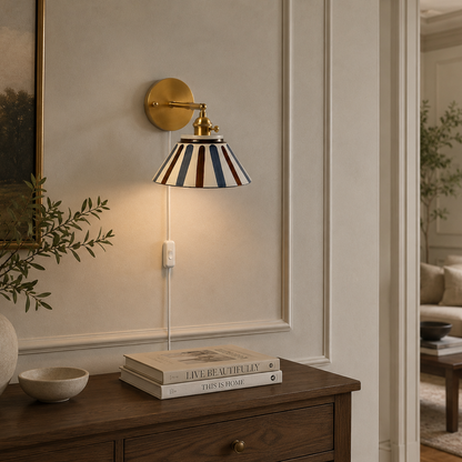 Glazed Stripped Ceramic Bedside lamp| Retro/vintage Brass wall sconce
