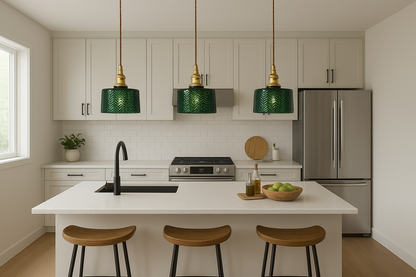 Retro Green glass lighting hanging over the sink, Kitchen island