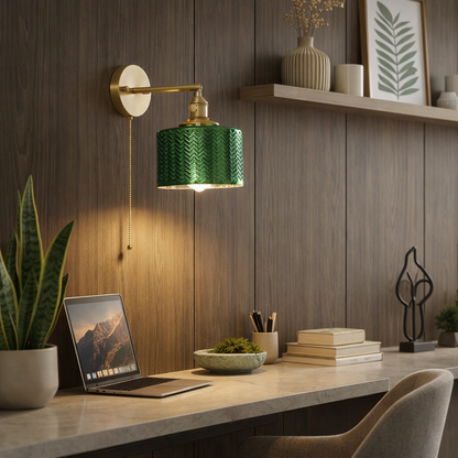  Modern wall sconce showcasing a textured Vintage Green glass shade and functional pull chain for simple on/off control.