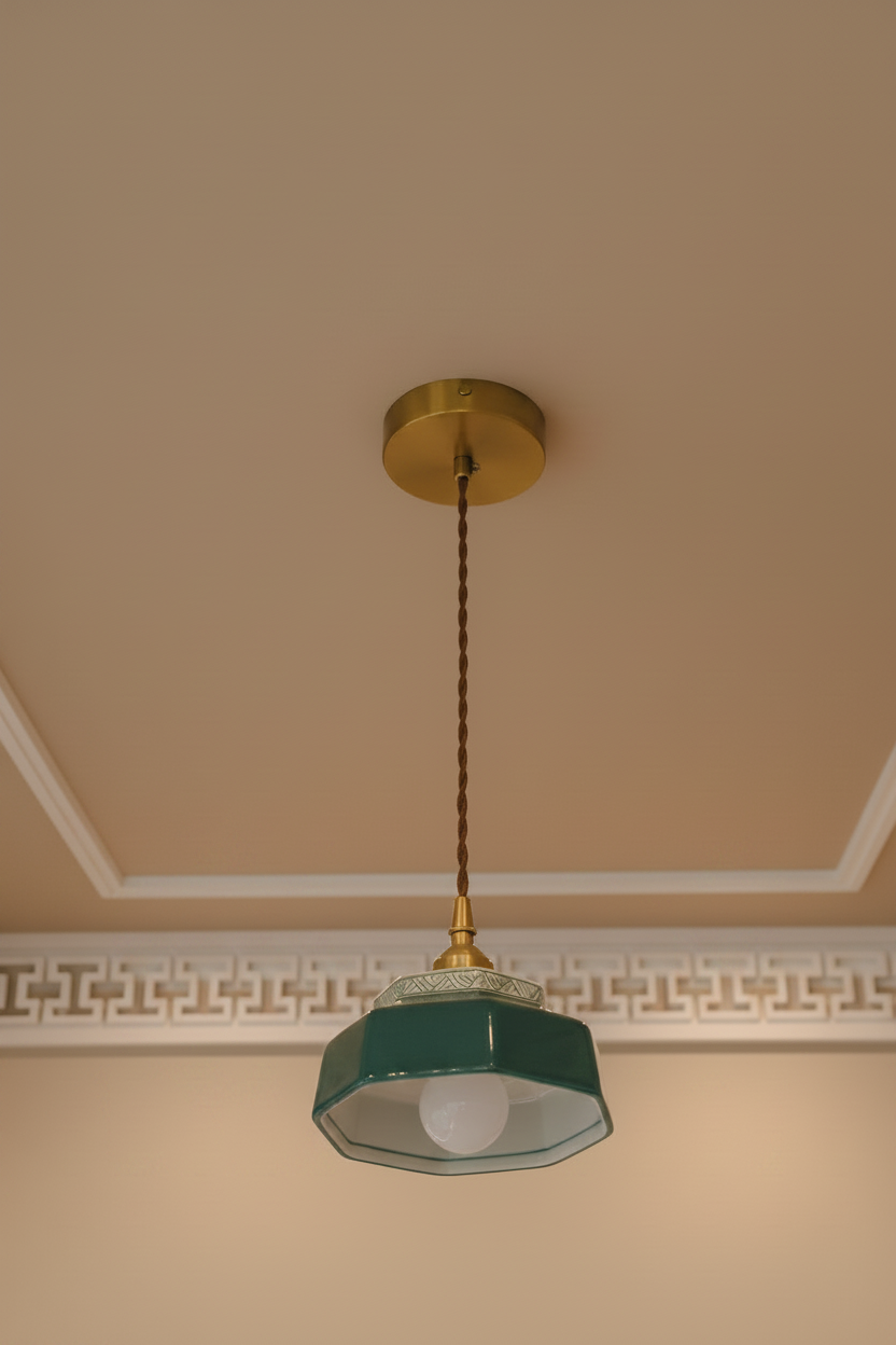 Hand painted Ceramic terracotta pendant light Hanging on a modern ceiling 