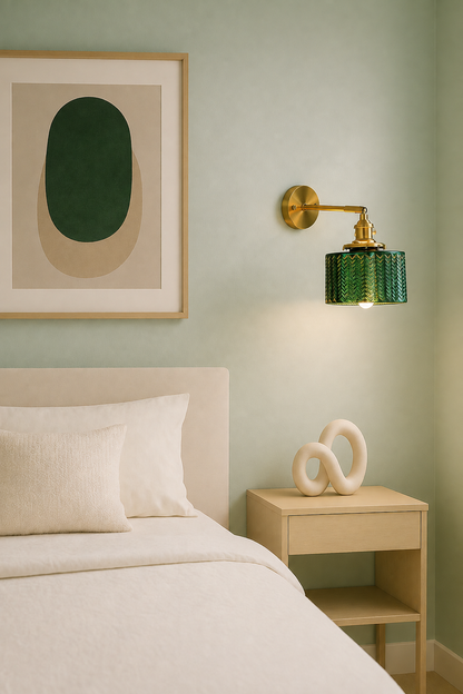 Vintage Green glass wall sconce- Brass Plug-In Wall Lamp