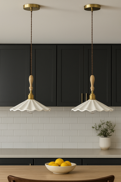 Mashal Designs scalloped porcelain pendant light hanging over a kitchen island