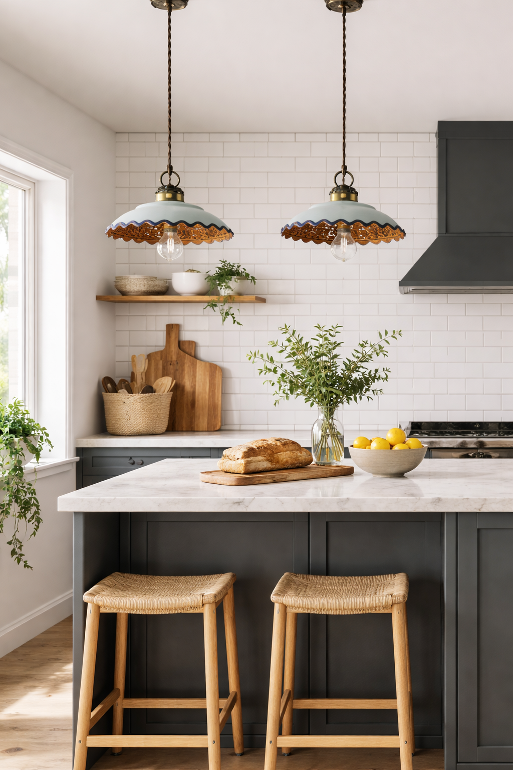 Retro style hanging lights over Kitchen island, and glazed blue lights