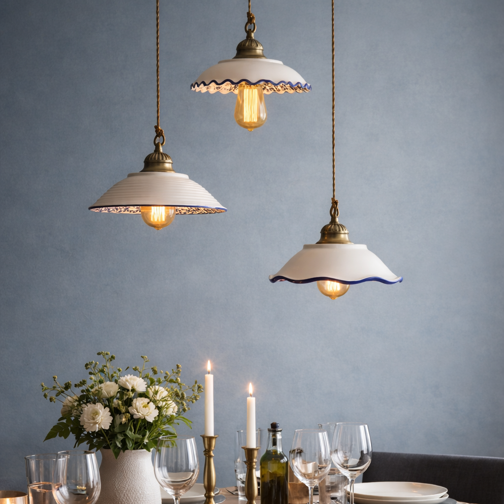 Modern Organic Ceramic Bowl Pendant Light - Ash Gray exterior, vibrant blue floral print interior, unique loft style lighting fixture