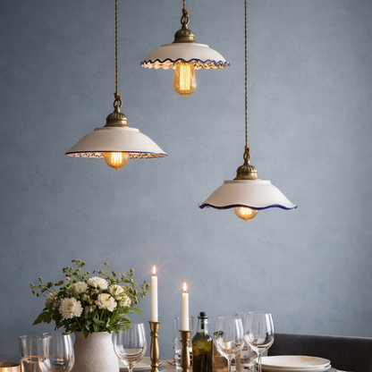 Modern Organic Ceramic Bowl Pendant Light - Ash Gray exterior, vibrant blue floral print interior, unique loft style lighting fixture