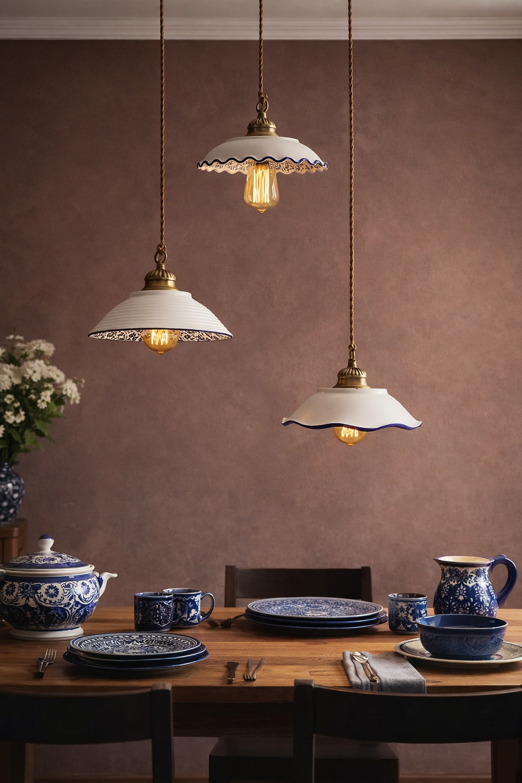 Ash Gray matte finish, hidden blue floral pattern inside, hanging lamp for dining room"