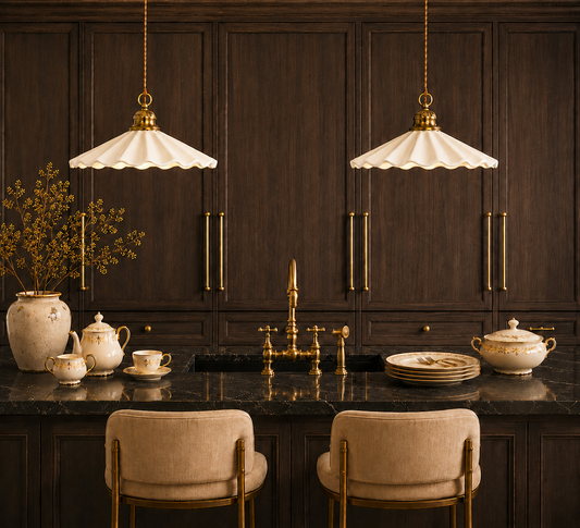Mashal Designs Vintage industrial ceramic pendant lamp illuminating a modern farmhouse dining room table.
