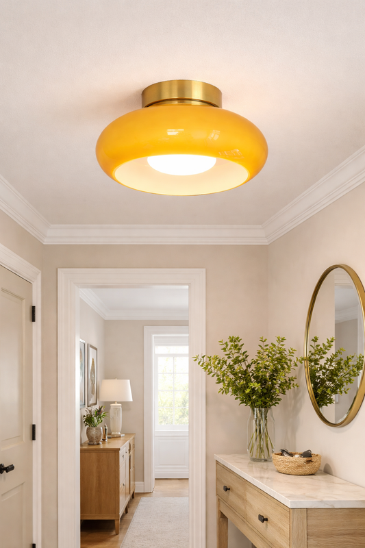 Mashal Designs mustard yellow ceiling light with brass fixture for designer interiors. hallway Living room and kitchen ceiling.