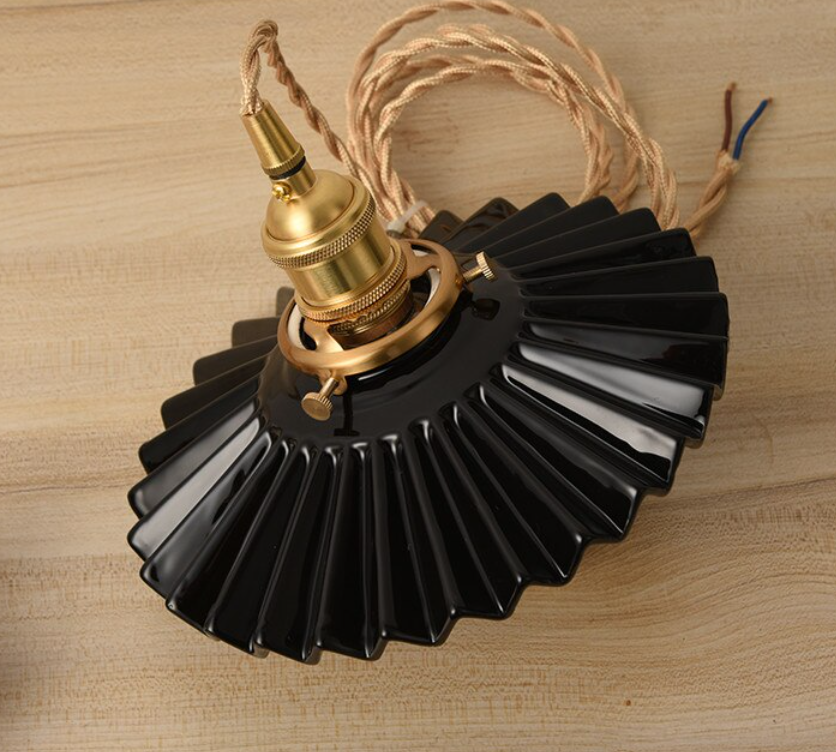 Fluted Ceramic Pendant Light with Wavy Black and White Shade