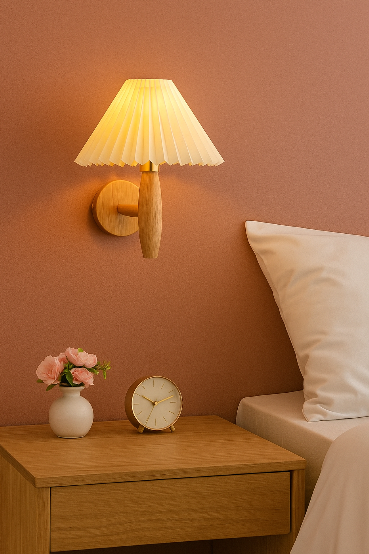 Oak and Walnut wood wall lamp with pleated lampshade