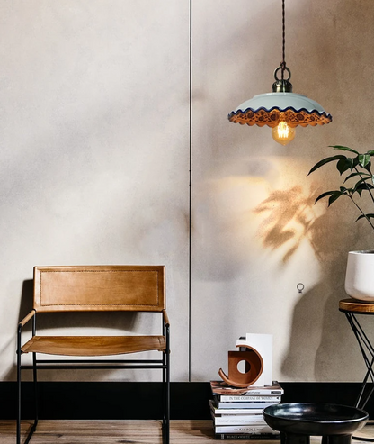 Vintage Ceramic pendant light with blue paint