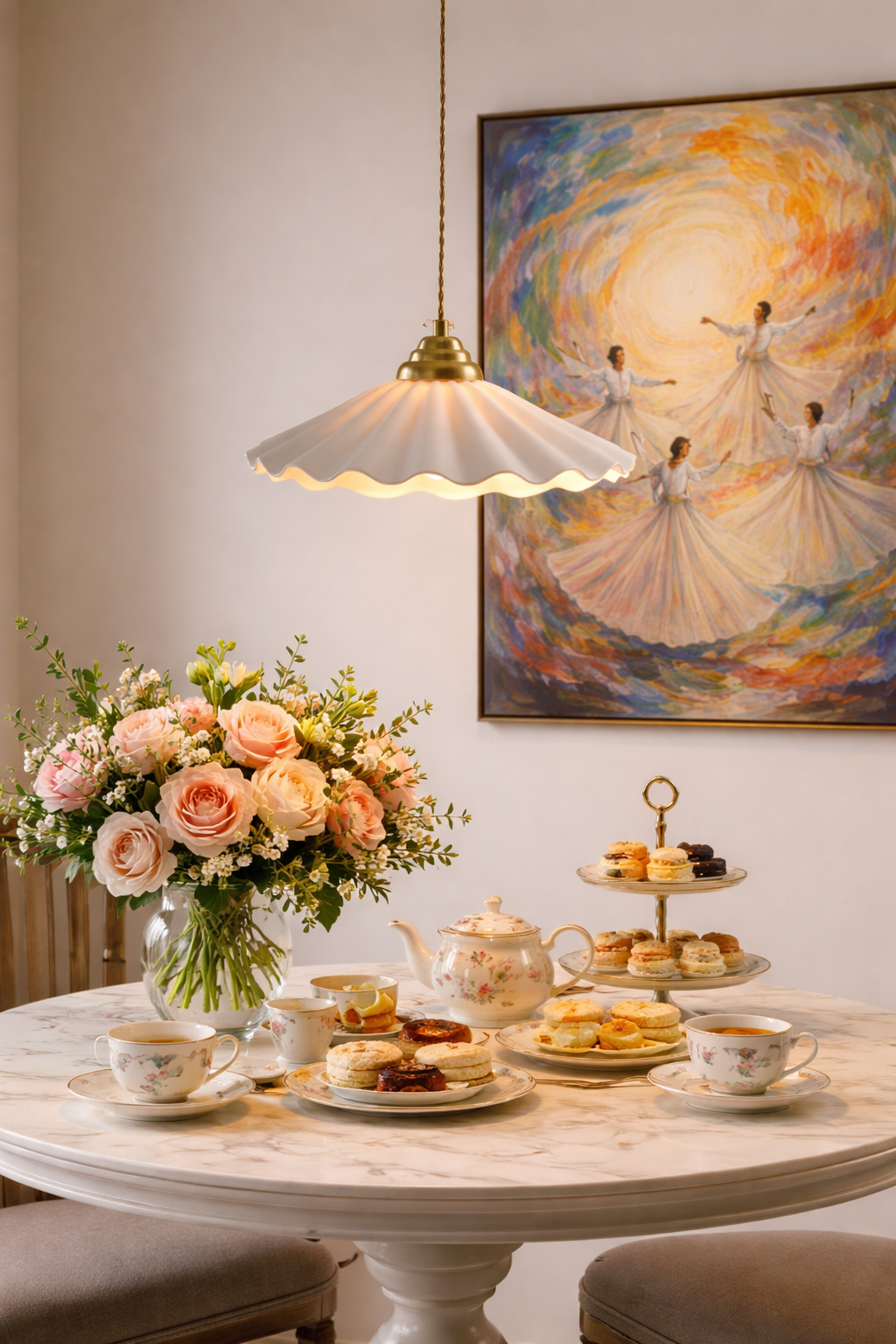 Mashal Designs Scalloped porcelain pendant light hanging above a dining table