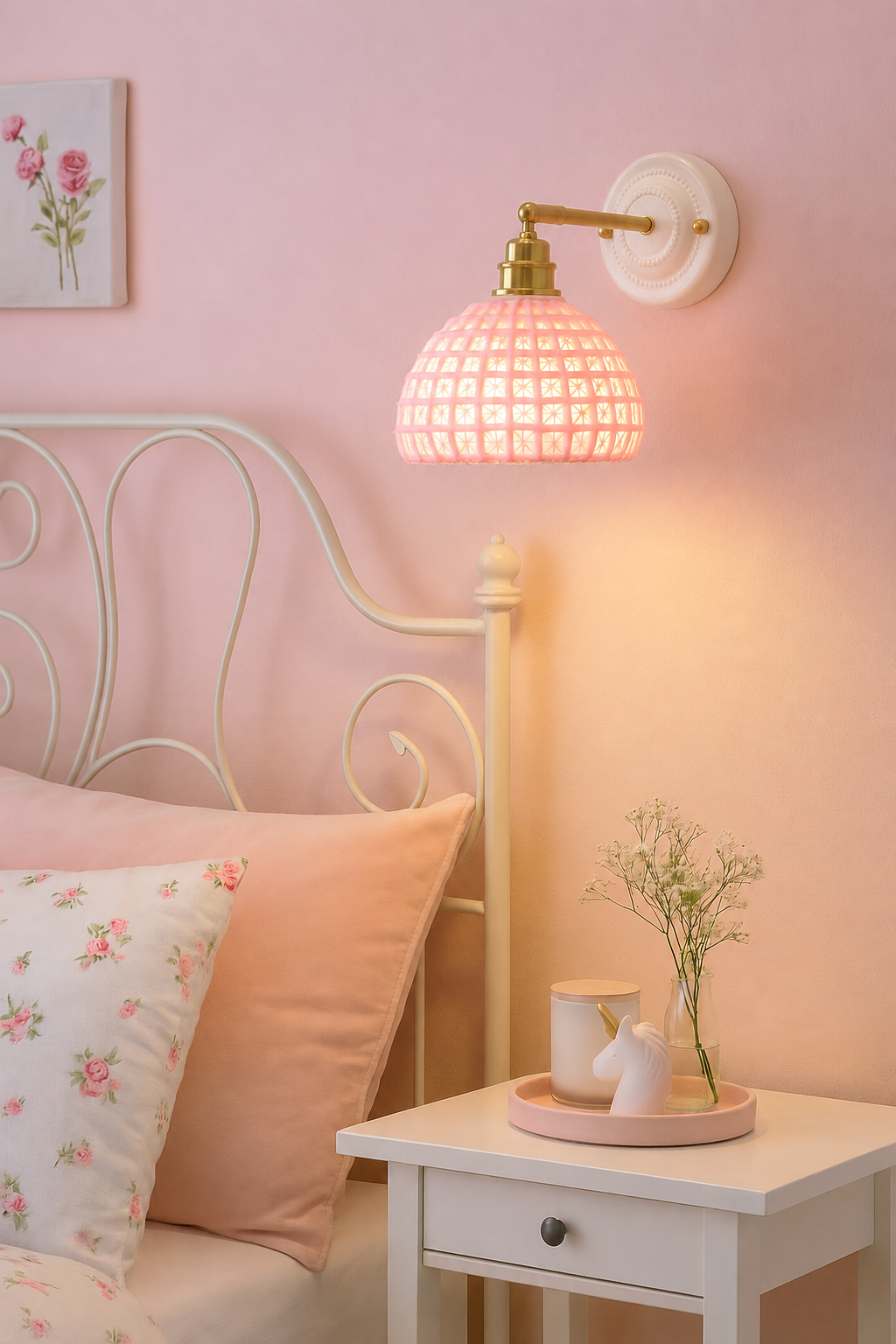 Ceramic Pink Nursery Wall Sconce | Plug-in Kids Bedroom Lamp