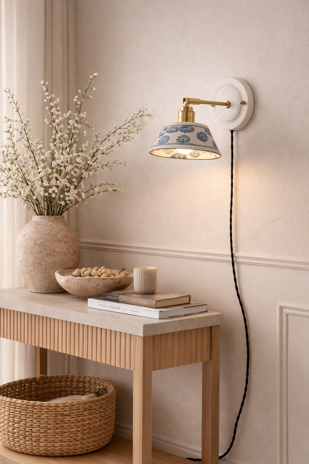 Handmade  Blue Floral Ceramic light Fixture for Bedroom