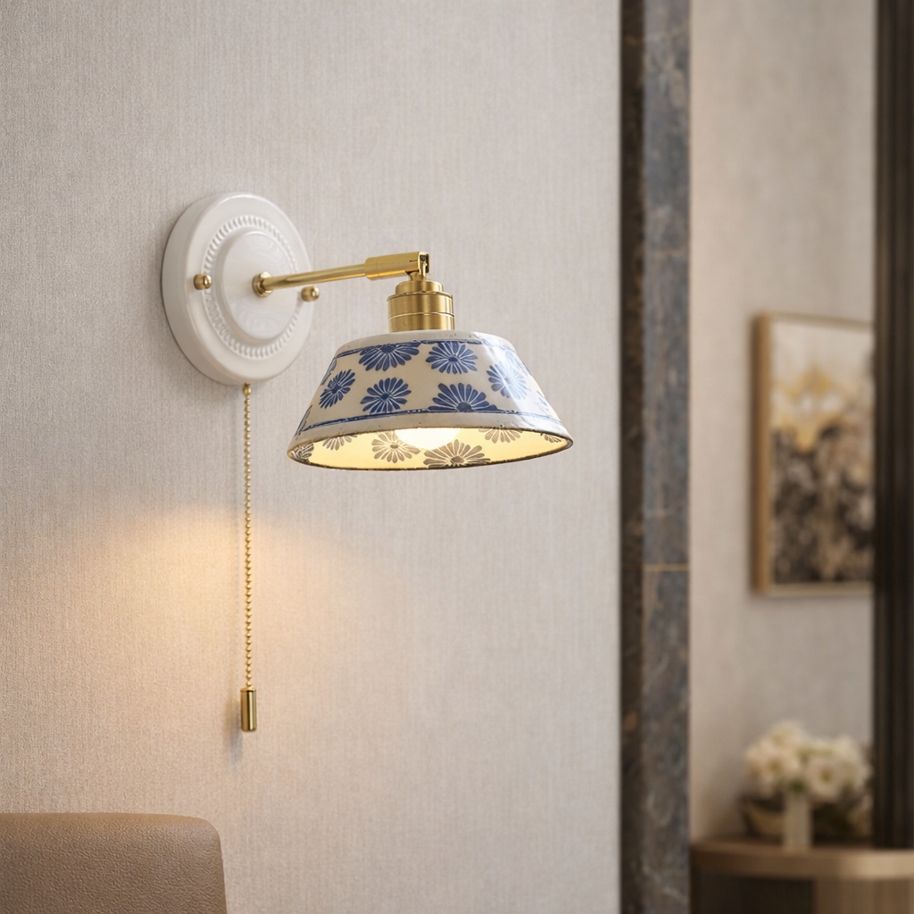 Handmade  Blue Floral Ceramic light Fixture for Bedroom