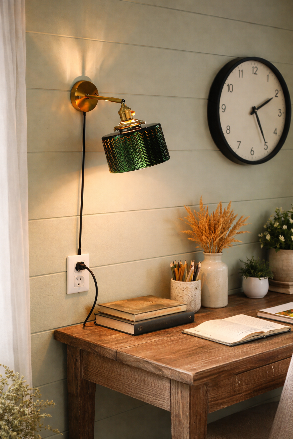 Emerald  green, textured glass wall sconce with a convenient plug-in cord 