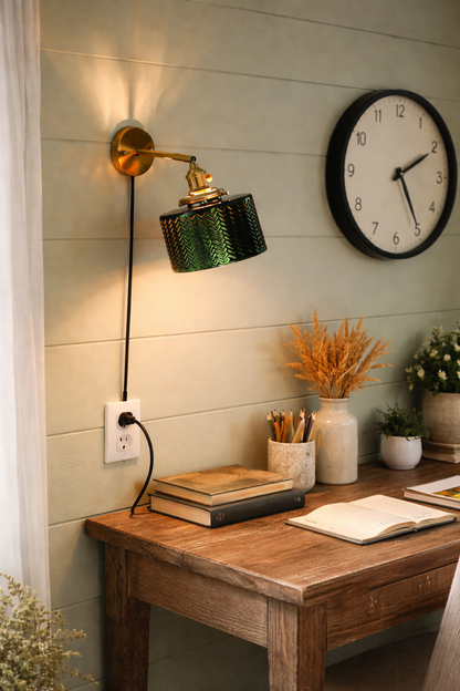 Emerald  green, textured glass wall sconce with a convenient plug-in cord 