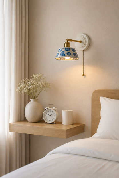 Vintage blue floral lamp at bedside- white- blue ceramic sconce 