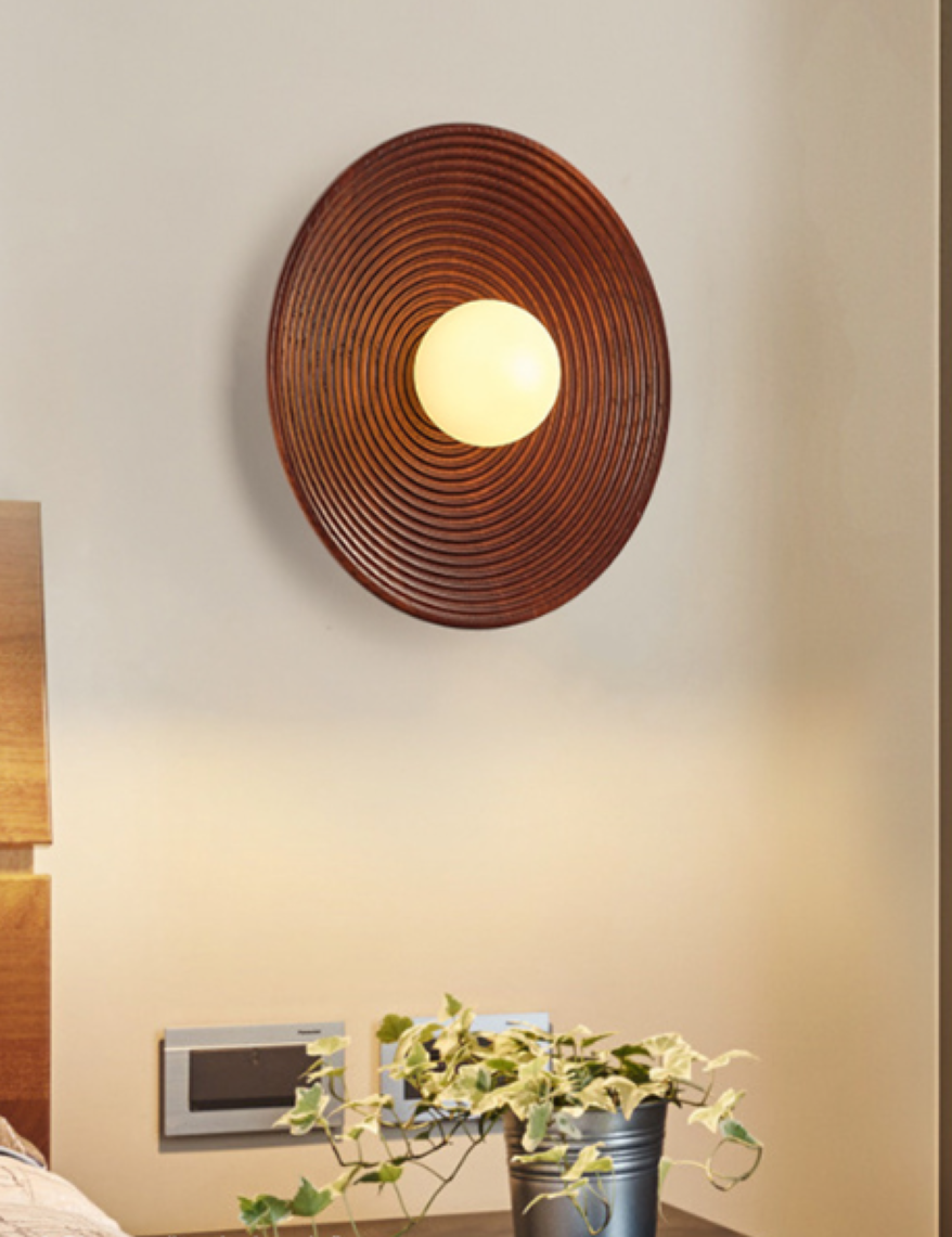 Japandi round wall-mounted lamp in dark walnut wood finish, organic modern natural lighting fixture