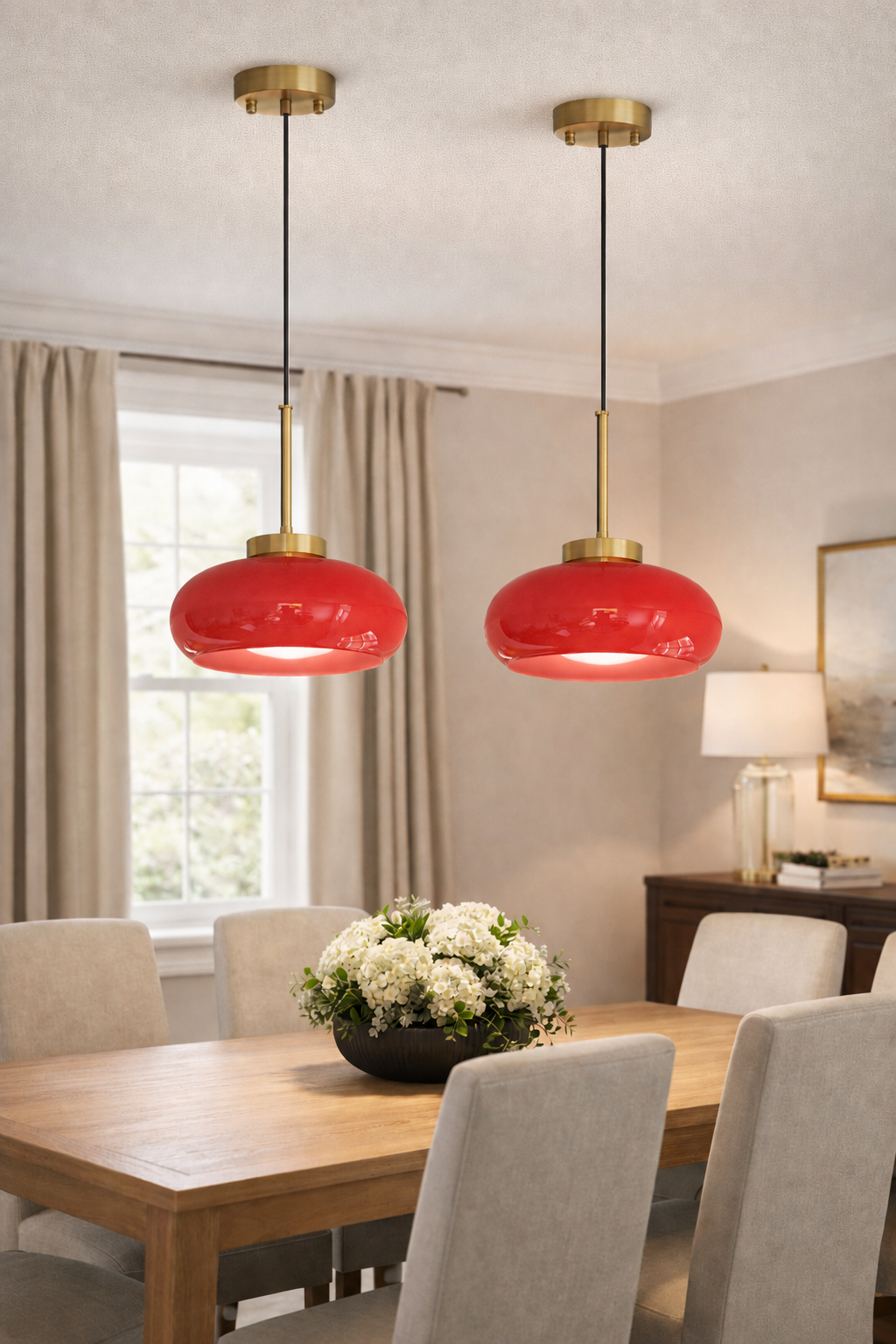 Red glass pendant light with Cord suspension for dining room- 