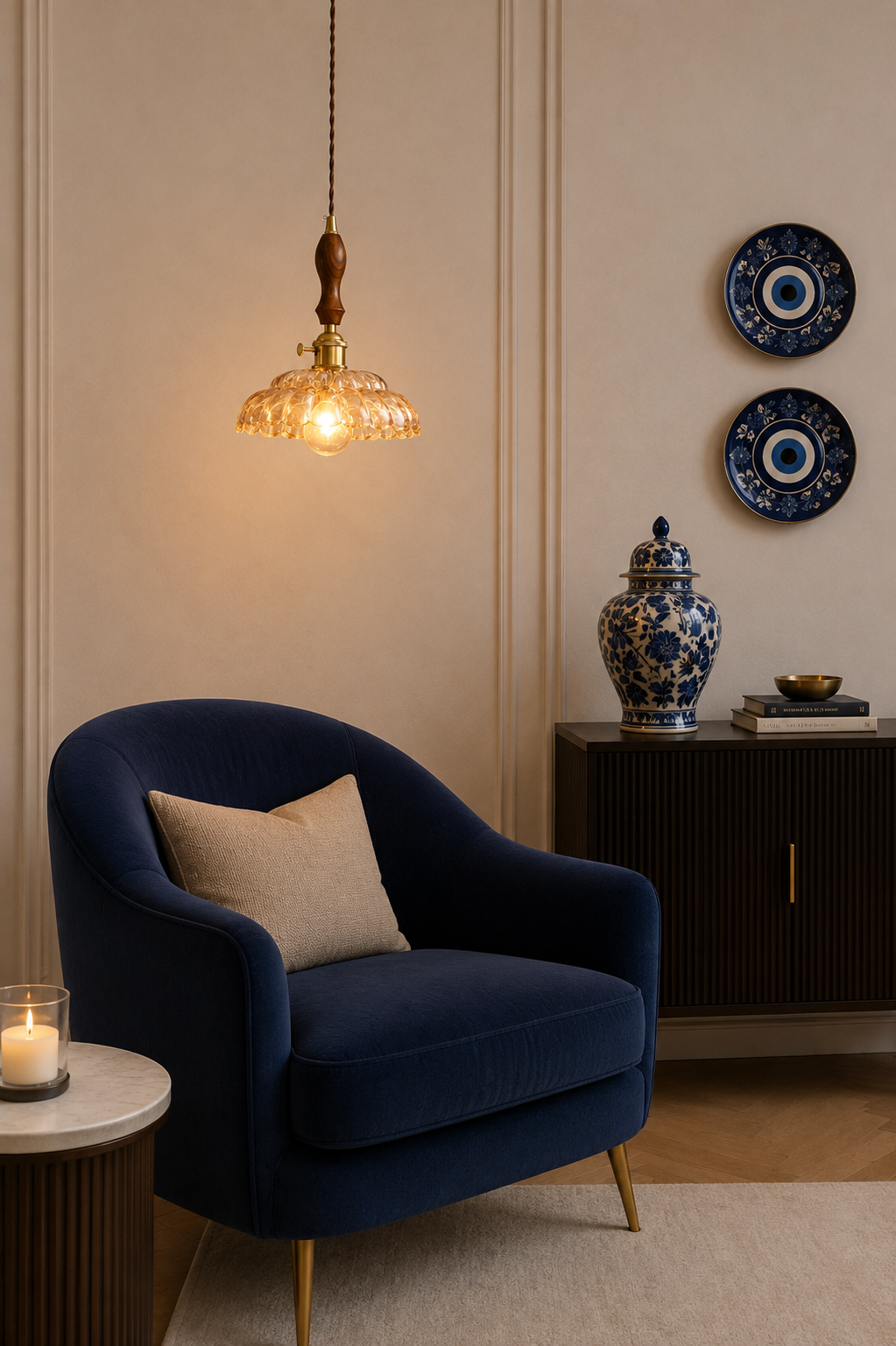 Amber Glass flower pendant light hanging in sitting room