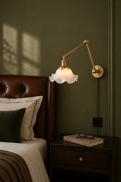 Scalloped Adjustable Arm Wall light- floral ceramic lampshade