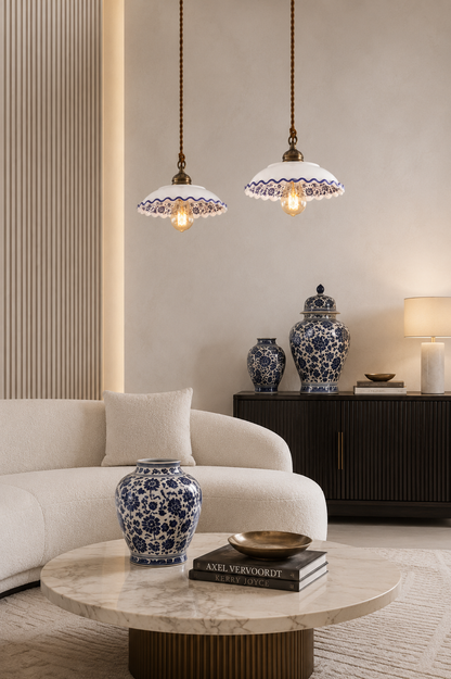 Retro Blue Floral Hanging Light, Mediterranean Blue Clay Lamp