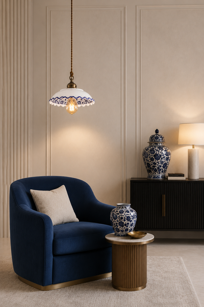 Retro Blue Floral Hanging Light, Mediterranean Blue Clay Lamp