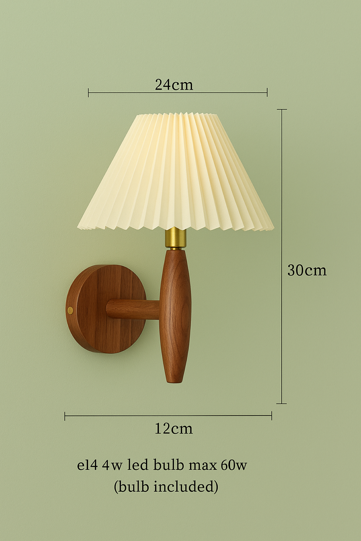 Oak and Walnut wood wall lamp with pleated lampshade