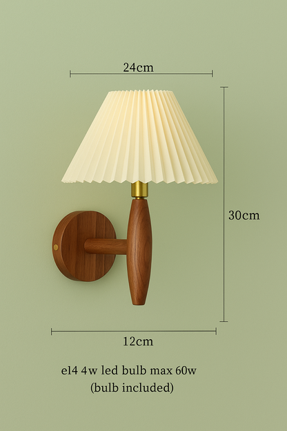Oak and Walnut wood wall lamp with pleated lampshade