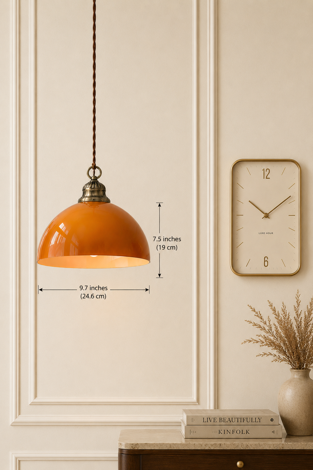 Industrial Mustard Glass / Brass Dome Ceiling Light Fixture