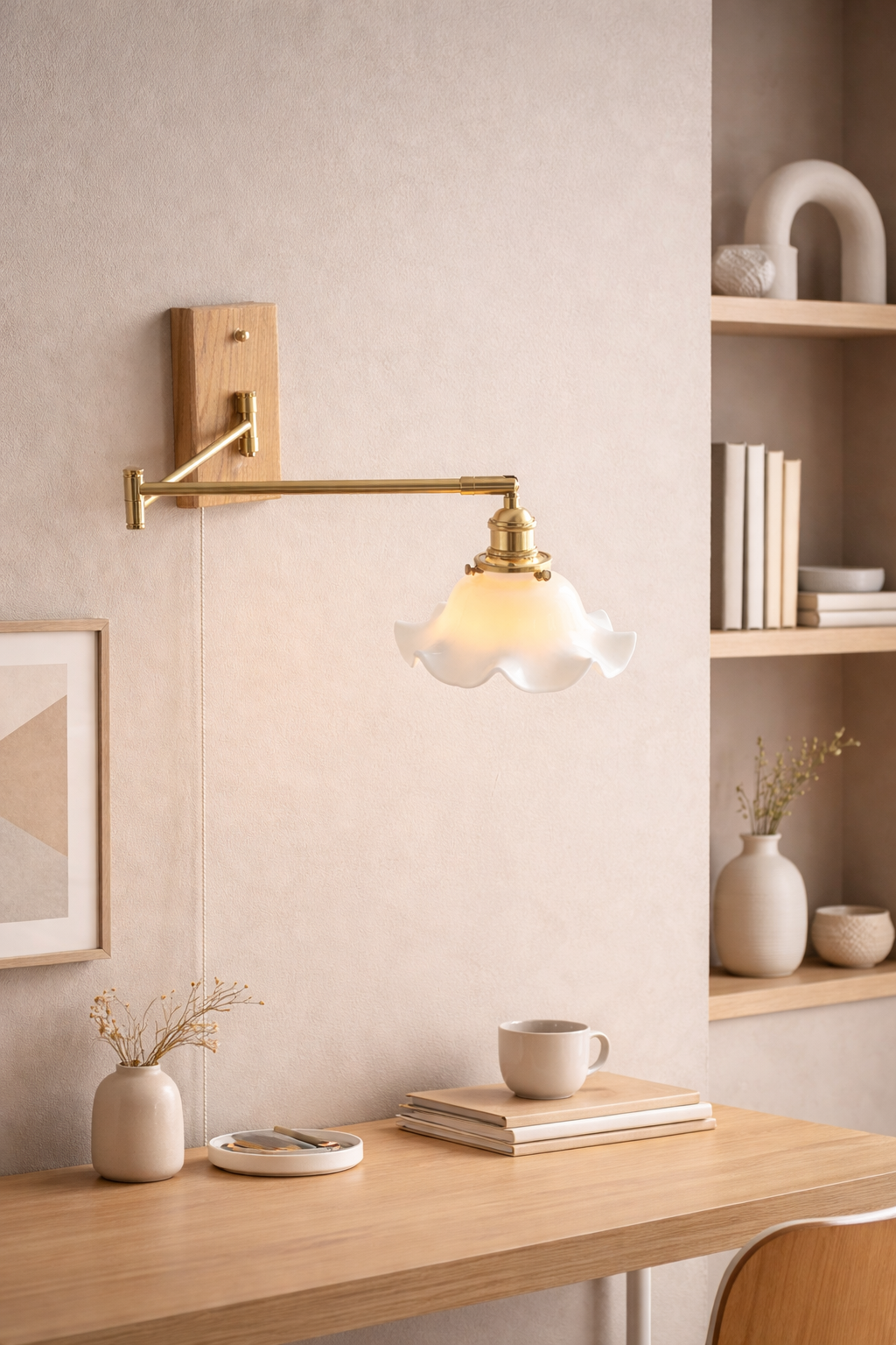 swing arm antique brass lamp with ashwood wall canopy and ceramic scalloped edge shade 