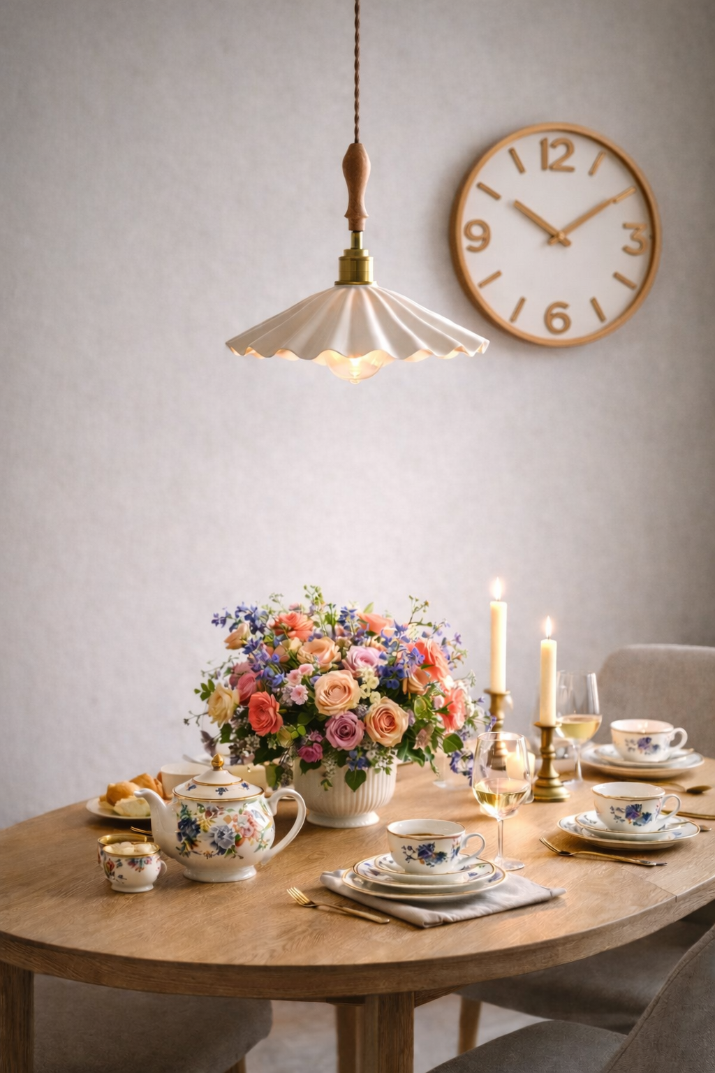 Mashal Designs scalloped timber pendant light installed at luxury dining room