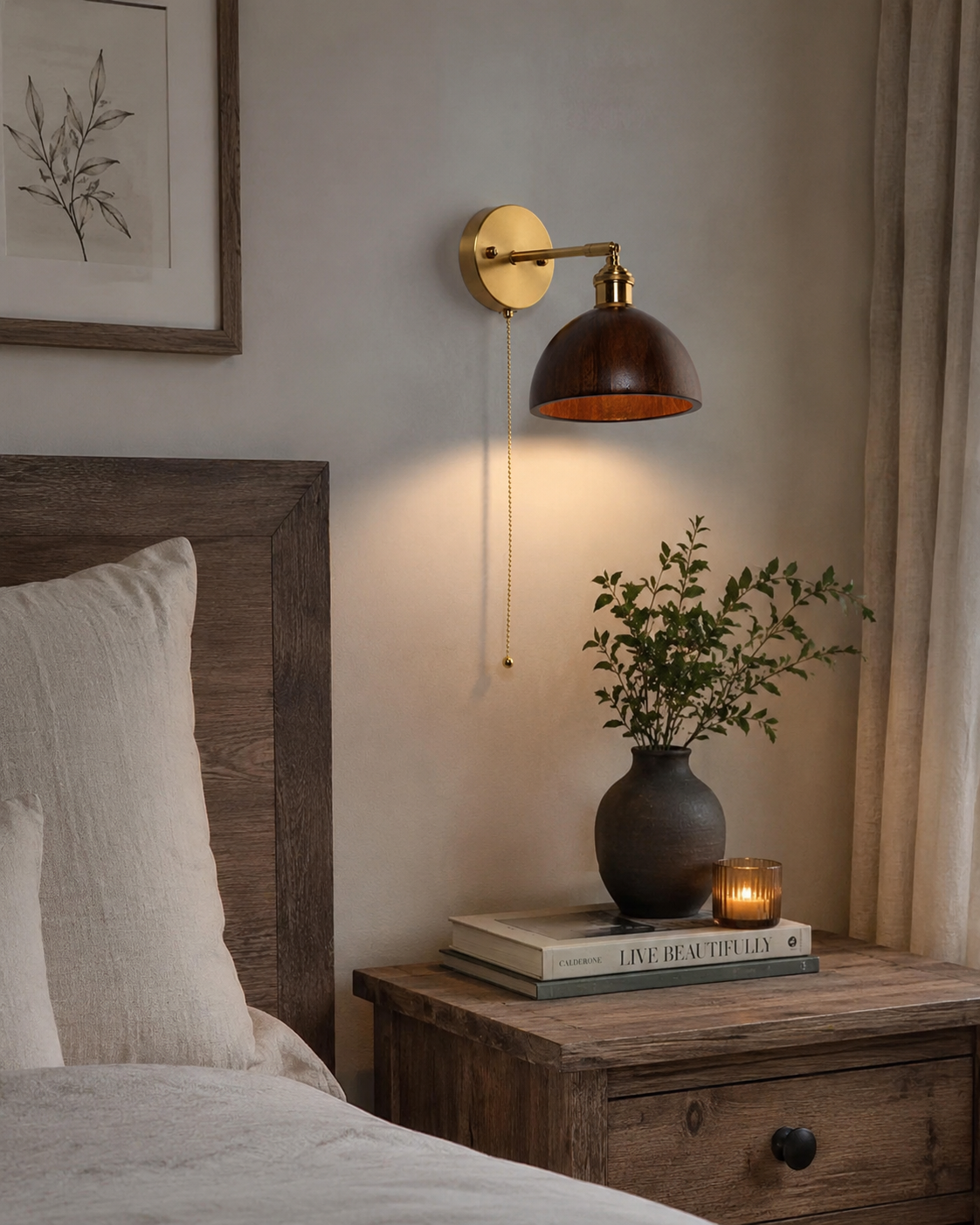 Handcrafted Walnut Wood Wall Lamp-Cottage style sconce